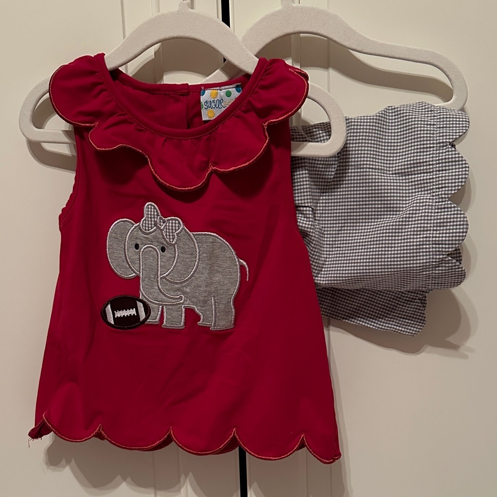 Red Scallop Alabama Elephant Appliqué Dress